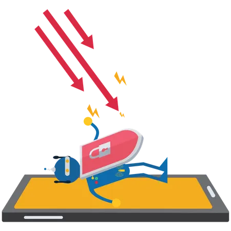 Robot out from  smart phone with  shield  Illustration