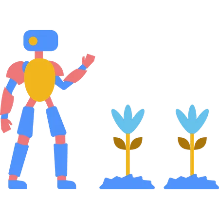 El Robot Esta Cerca De Las Plantas Ilustración