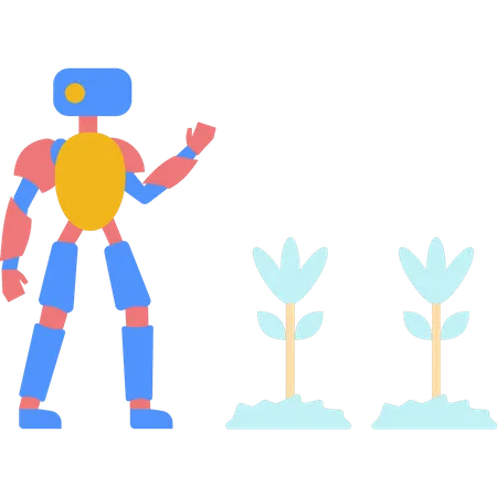 Robot parado cerca de plantas  Ilustración