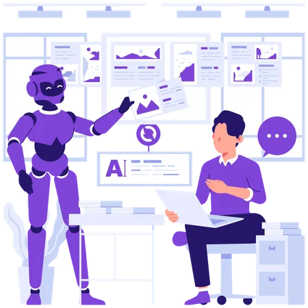 ロボットがビジネスマンにデータを提示  イラスト