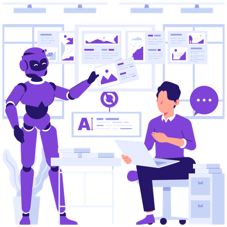 Robot presents data to businessman  Illustration