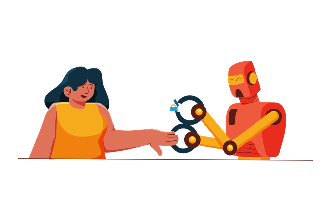 Robot proposing with ring to woman  Illustration