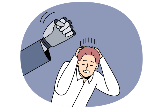 Robot punishes worker by punching man in office clothes  Illustration