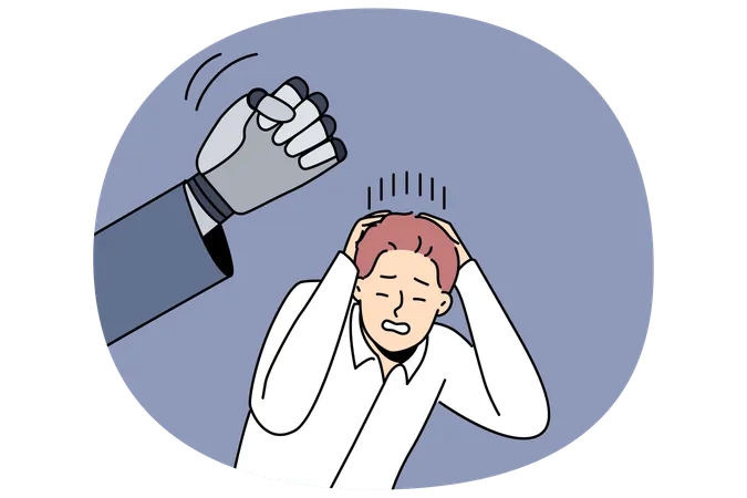 Robot punishes worker by punching man in office clothes  Illustration