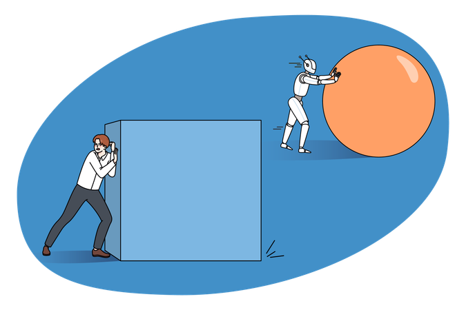 Robot push sphere leading businessman pushing box  Illustration
