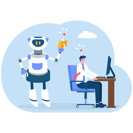 El robot usa el control remoto con un hombre de negocios en el escritorio de la oficina  Illustration