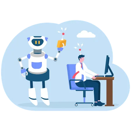 El robot usa el control remoto con un hombre de negocios en el escritorio de la oficina  Illustration