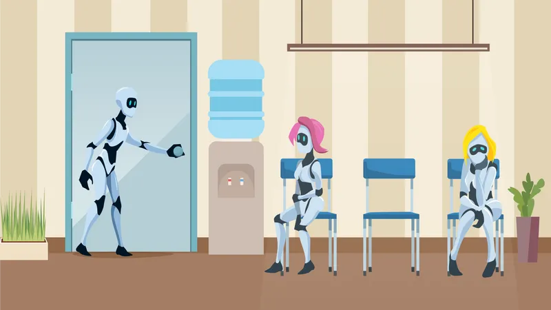 Robot Queue in Office Corridor Waiting for Job Interview  Illustration