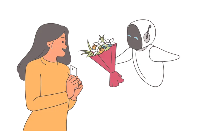 Robot le da flores a una mujer y le entrega un ramo de regalo a su novio en San Valentín  Ilustración