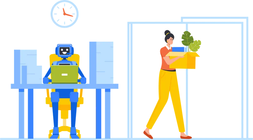 Robot replaces human at work Illustration