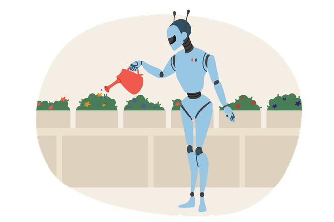 Un robot riega las plantas del jardín y ayuda a las personas a controlar las flores y los arbustos que crecen en el invernadero  Ilustración