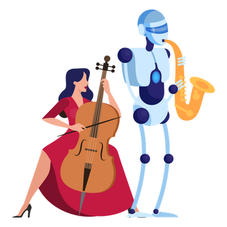 Robot saxofonista toca música con una mujer juntos  Ilustración