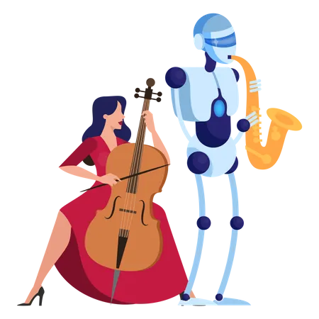 Robot saxofonista toca música con una mujer juntos  Ilustración