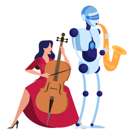 Robot saxophonist play music with woman together Illustration