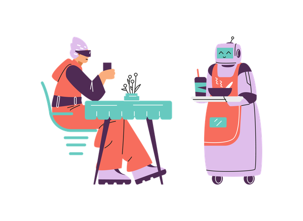 Robot serving to customer in futuristic cafe  Illustration