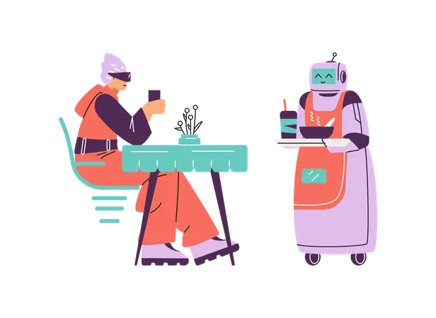 Robot serving to customer in futuristic cafe  Illustration