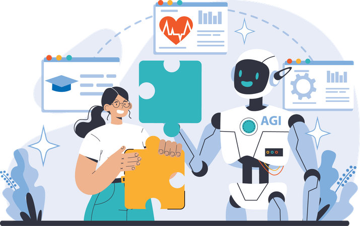 Robot solving problem with girl while doing business analysis  Illustration