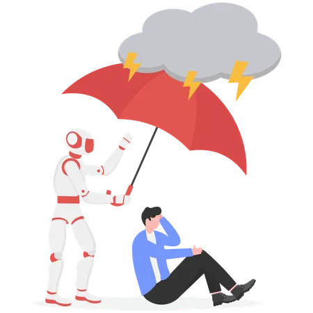 Robot sostiene un paraguas sobre un empresario para proteger la tecnología del mecanismo de inteligencia artificial.  Ilustración