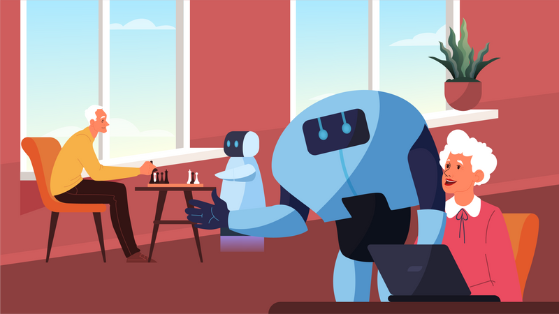 Robot spending time with old people Illustration