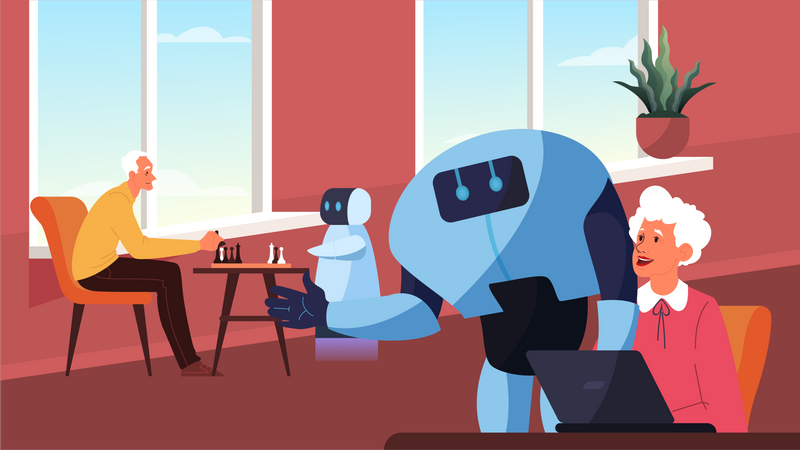 Robot spending time with old people  Illustration