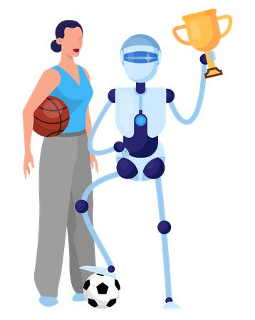 Robot sportsman and woman with ball Illustration
