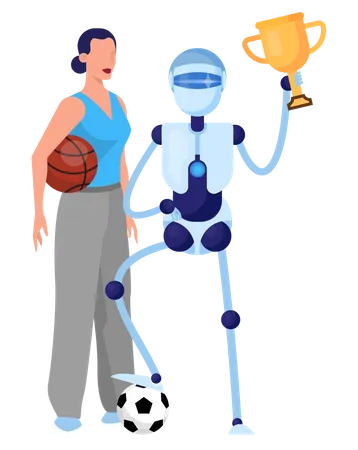 Robot Sportsman And Woman With Ball Idea Of Artificial Intelligence And Futuristic Technology Isolated Flat Vector Illustration Illustration