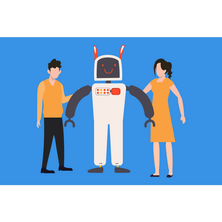 Robot stands between the boy and the girl  Illustration