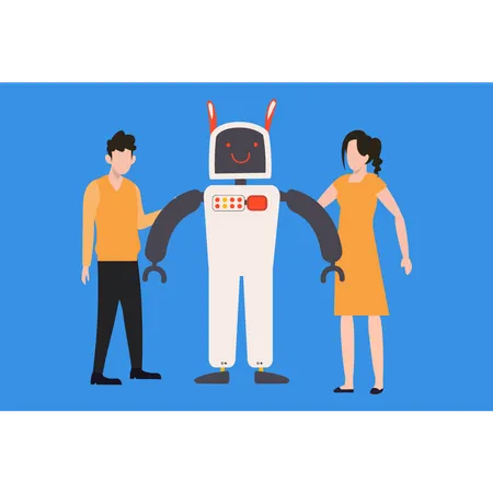The Robot Stands Between The Boy And The Girl Illustration