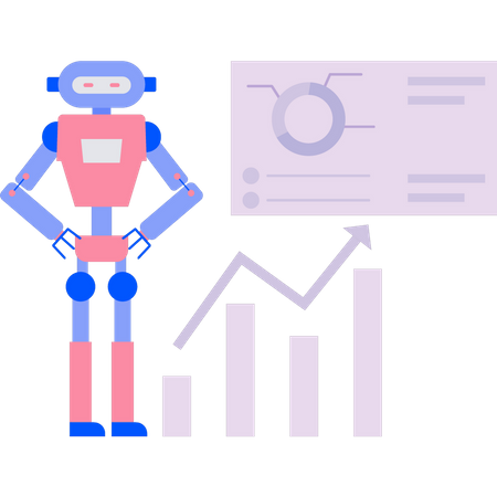 Robot stands near a chart graph presentation  Illustration