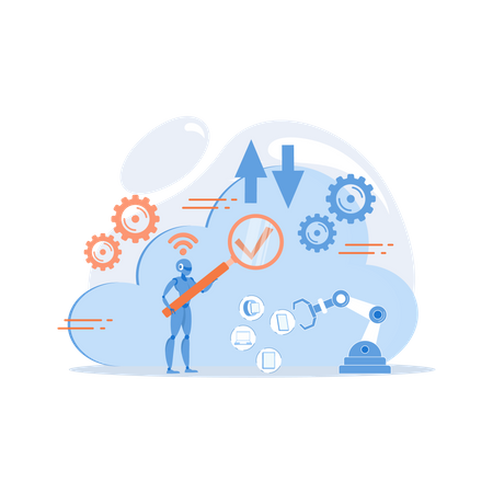 Robot studying cloud technology through magnifier  Illustration