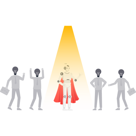Robot superhero in a spotlight standing out from a crowd of business people with lightbulb heads  Illustration