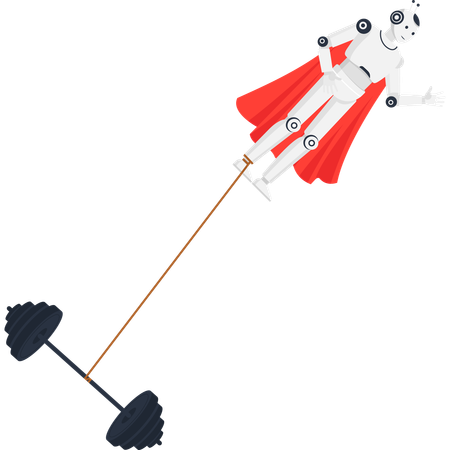 Robot superhero in red cape flying and pulling heavy barbell weight  Illustration