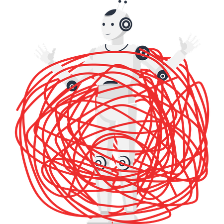 Robot tangled in red lines of AI confusion technology and innovation  Illustration