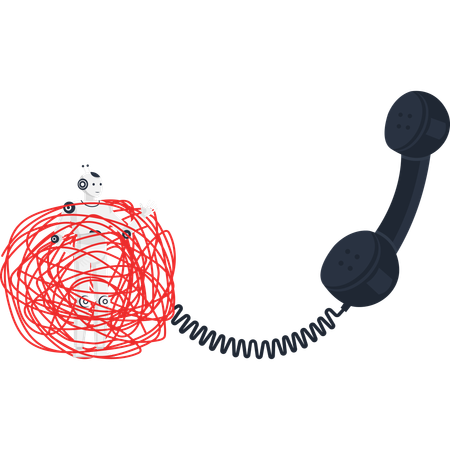 Robot tangled in red wire mess from telephone receiver symbolizing communication breakdown  Illustration