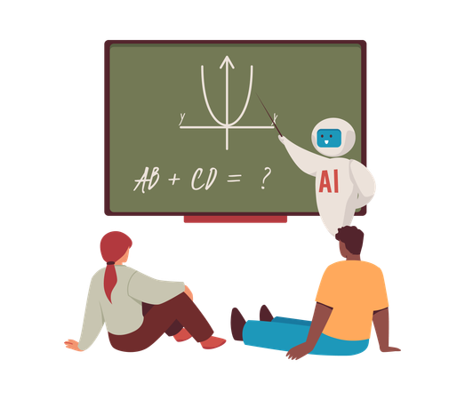 Robot teacher explains geometry to children  Illustration