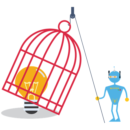 Robot tirando de una jaula mientras obtiene una idea de negocio  Ilustración