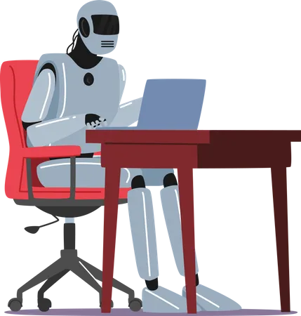 Ai Cyborg Character Work On Laptop At Office Desk Multitarea Rpa Automatizacion Laboral Robotica Tecnologias De Inteligencia Artificial Concepto De Aprendizaje Automatico Ilustracion De Vector De Personas De Dibujos Animados Ilustración