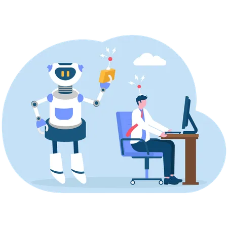 Robot use remote control with businessman at office desk  Illustration