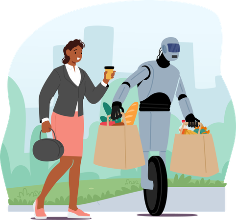 Útil robot lleva bolsas de compras pesadas  Ilustración