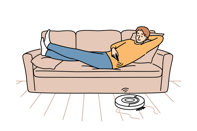 Robot vacuum cleaner controlled using remote control and cleaning room with guy lying on sofa  Illustration