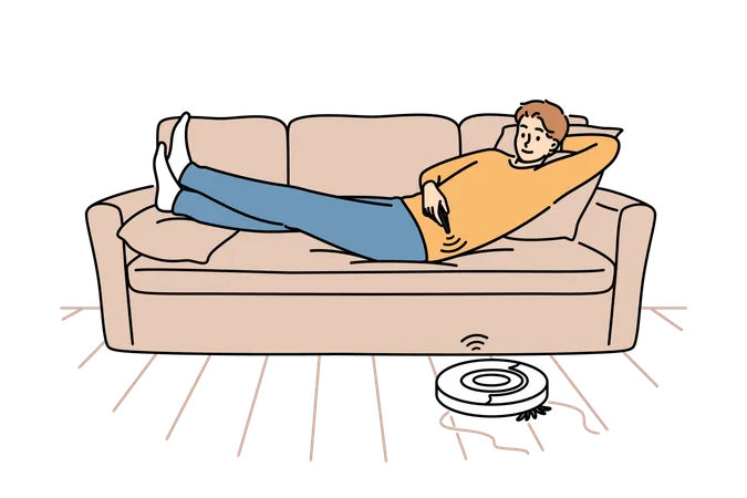 Robot vacuum cleaner controlled using remote control and cleaning room with guy lying on sofa  イラスト