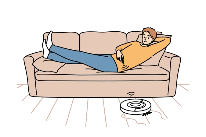 Robot vacuum cleaner controlled using remote control and cleaning room with guy lying on sofa  Illustration