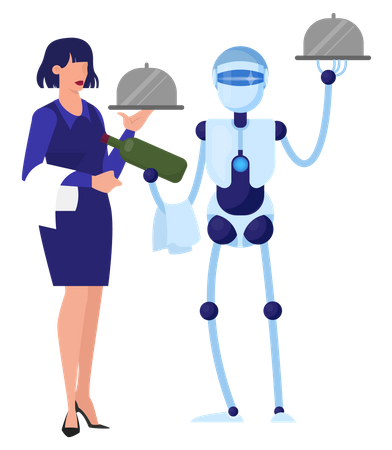 Robot waiter and waitress work together hold food Illustration