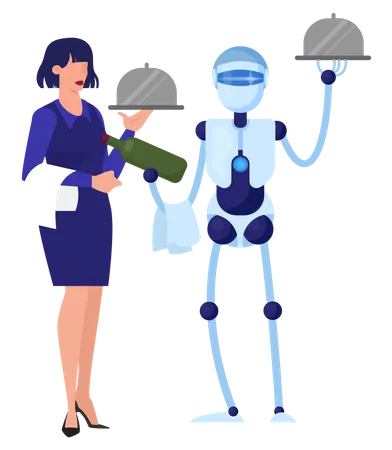 Robot waiter and waitress work together hold food Illustration