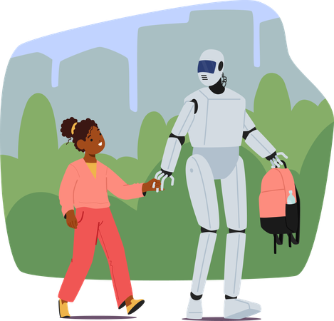 Robot Walk girl To School  Illustration