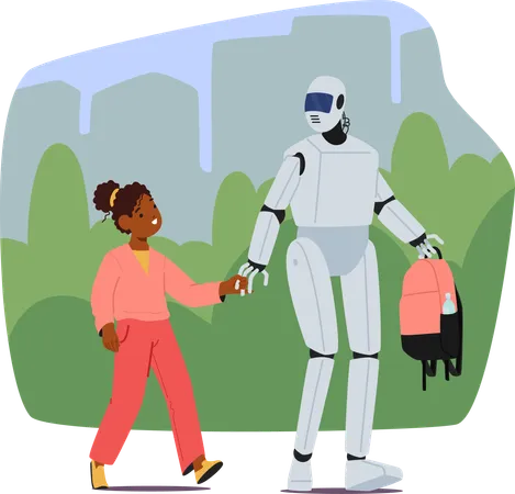 Robot Walk To School With A Delighted Child Carrying Backpack Characters Journey Unfolds With Mechanical Grace Blending Futuristic Wonder And Youthful Innocence Cartoon Vector Illustration Illustration