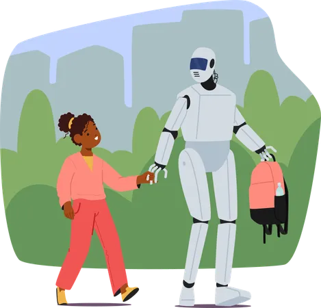 Robot Walk girl To School  Illustration