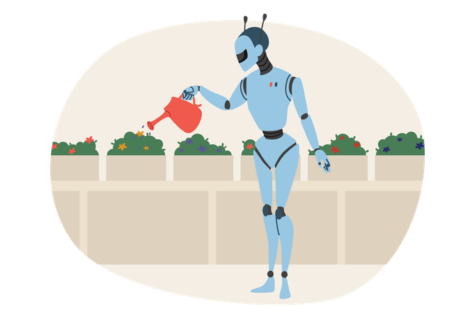 Robot waters plants in garden helping people monitor flowers and bushes growing in greenhouse  Illustration