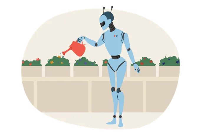 Robot waters plants in garden helping people monitor flowers and bushes growing in greenhouse  Illustration