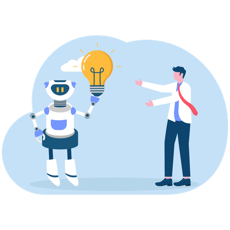 Robot with artificial intelligence give idea bulb to businessman  Illustration